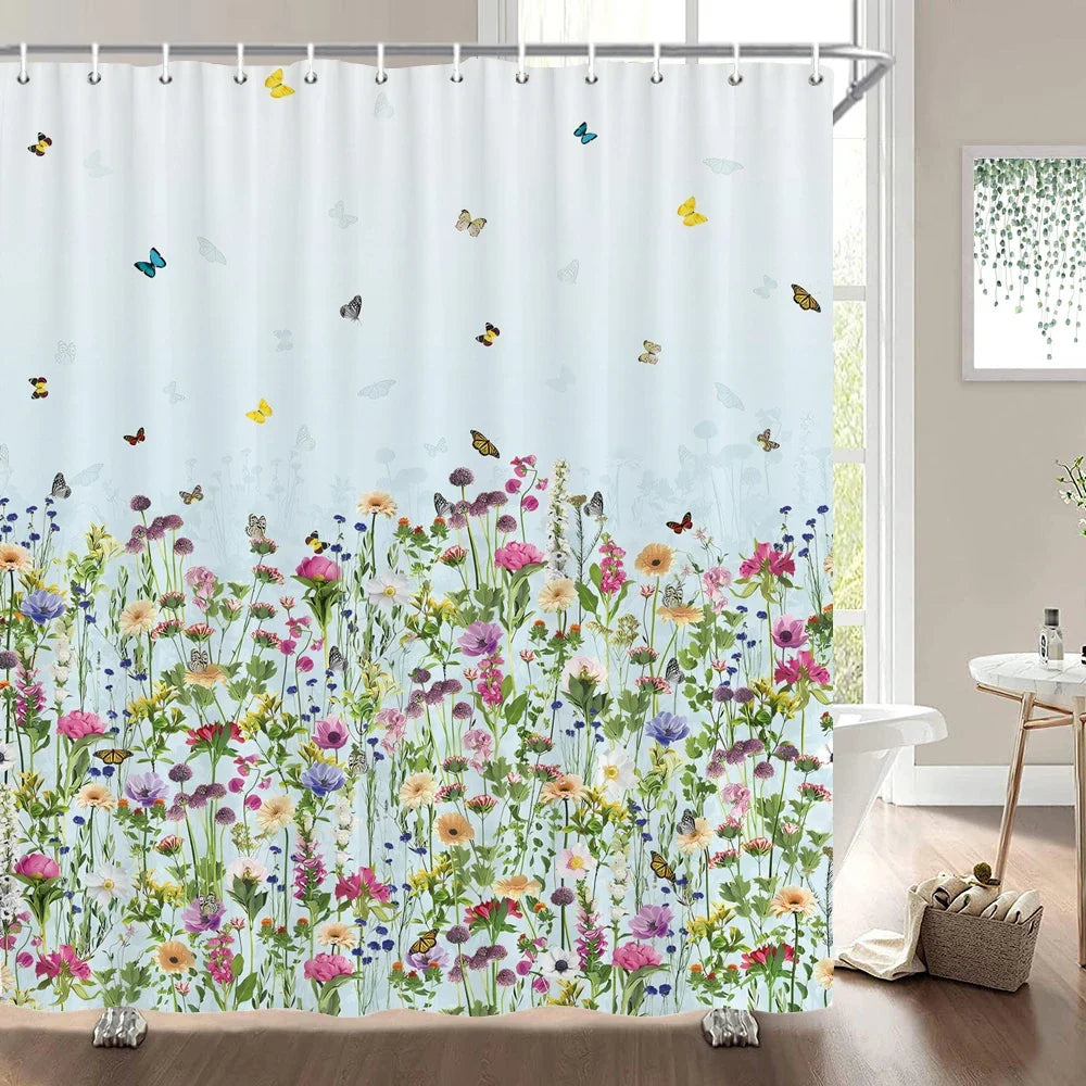 Rideau de douche fleurs sauvages et papillons