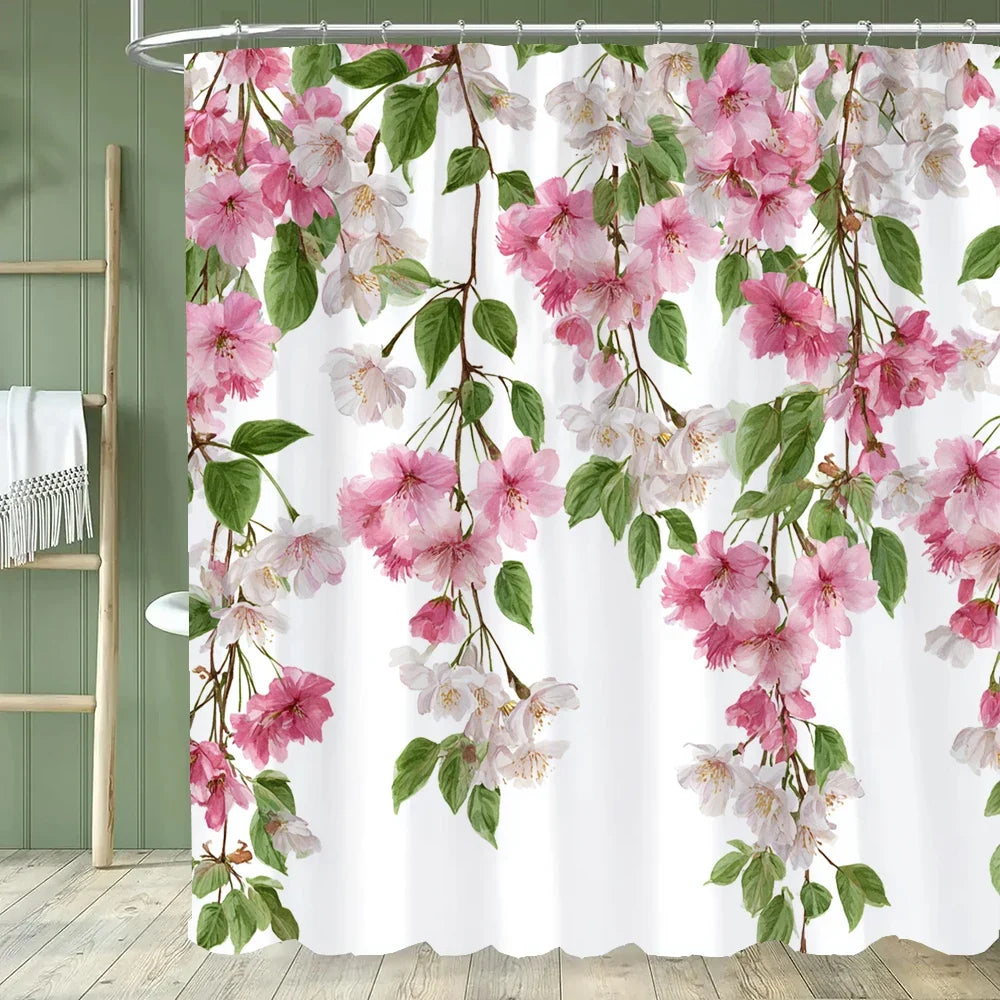 Rideau de douche fleurs roses printanières