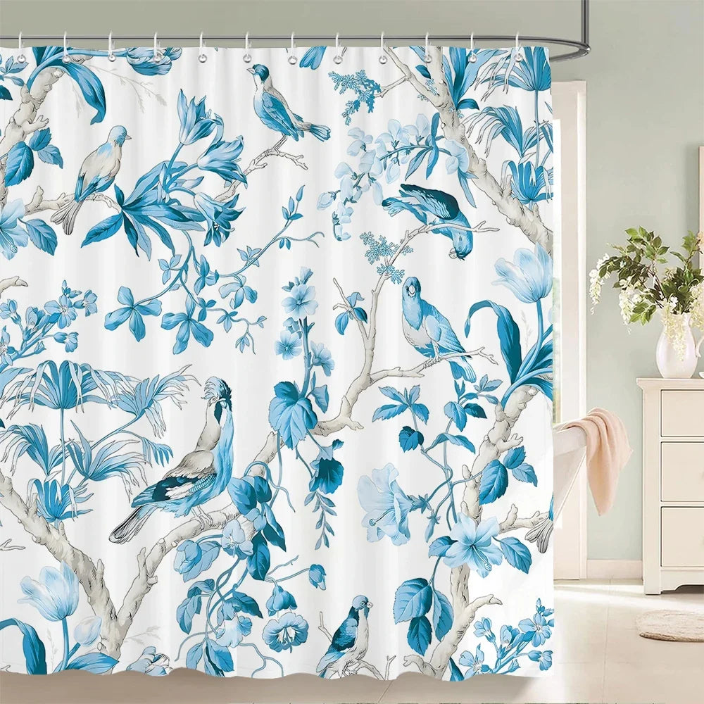Rideau de douche oiseaux bleus tropicaux