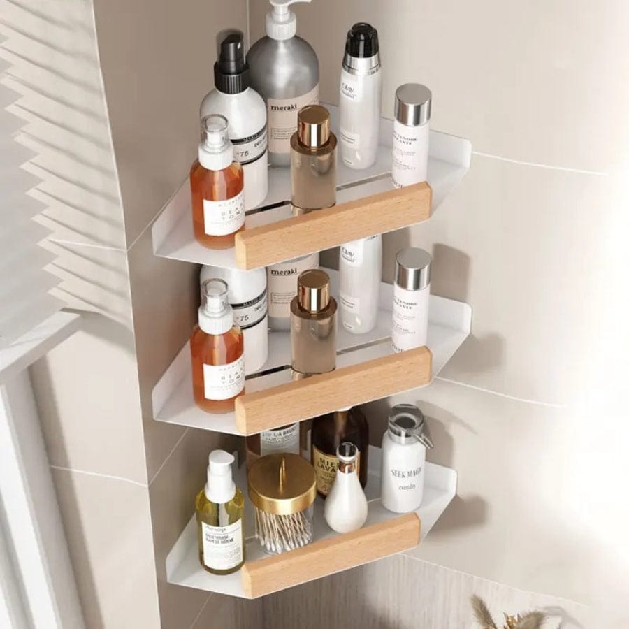Étagère de douche d'angle blanche alu et bois blanc