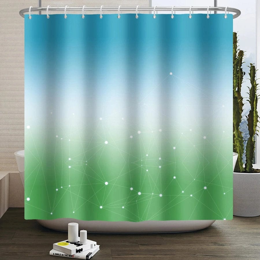 rideau de douche dégradé bleu clair / vert clair avec motifs | EscaleDouche