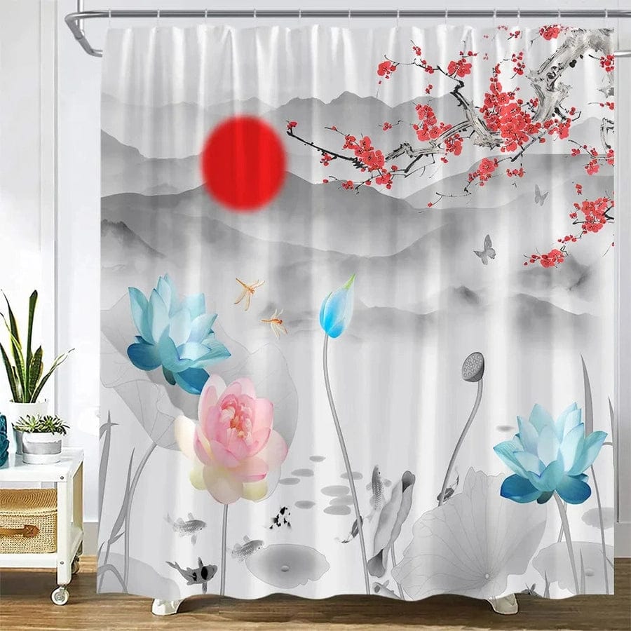 Rideau de douche japonais fleurs bleu | Escale Douche