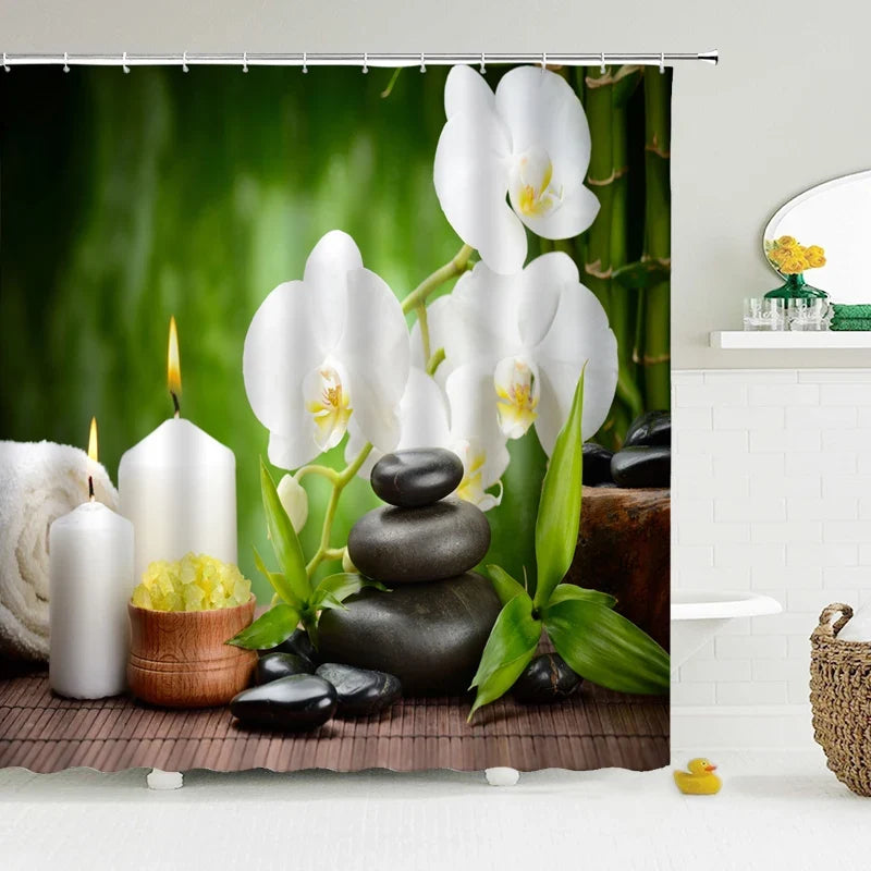 Rideau de douche orchidées blanches et galets