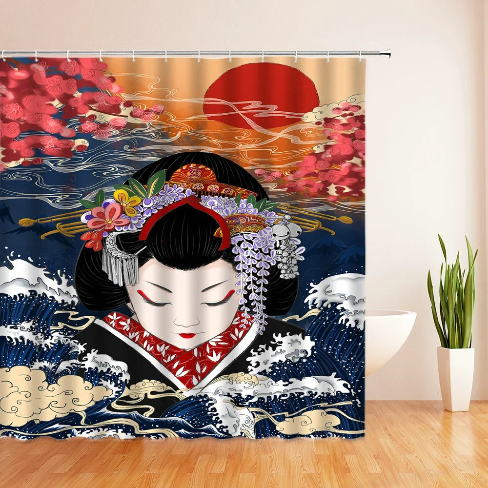 Rideau de douche geisha et vague japonaise