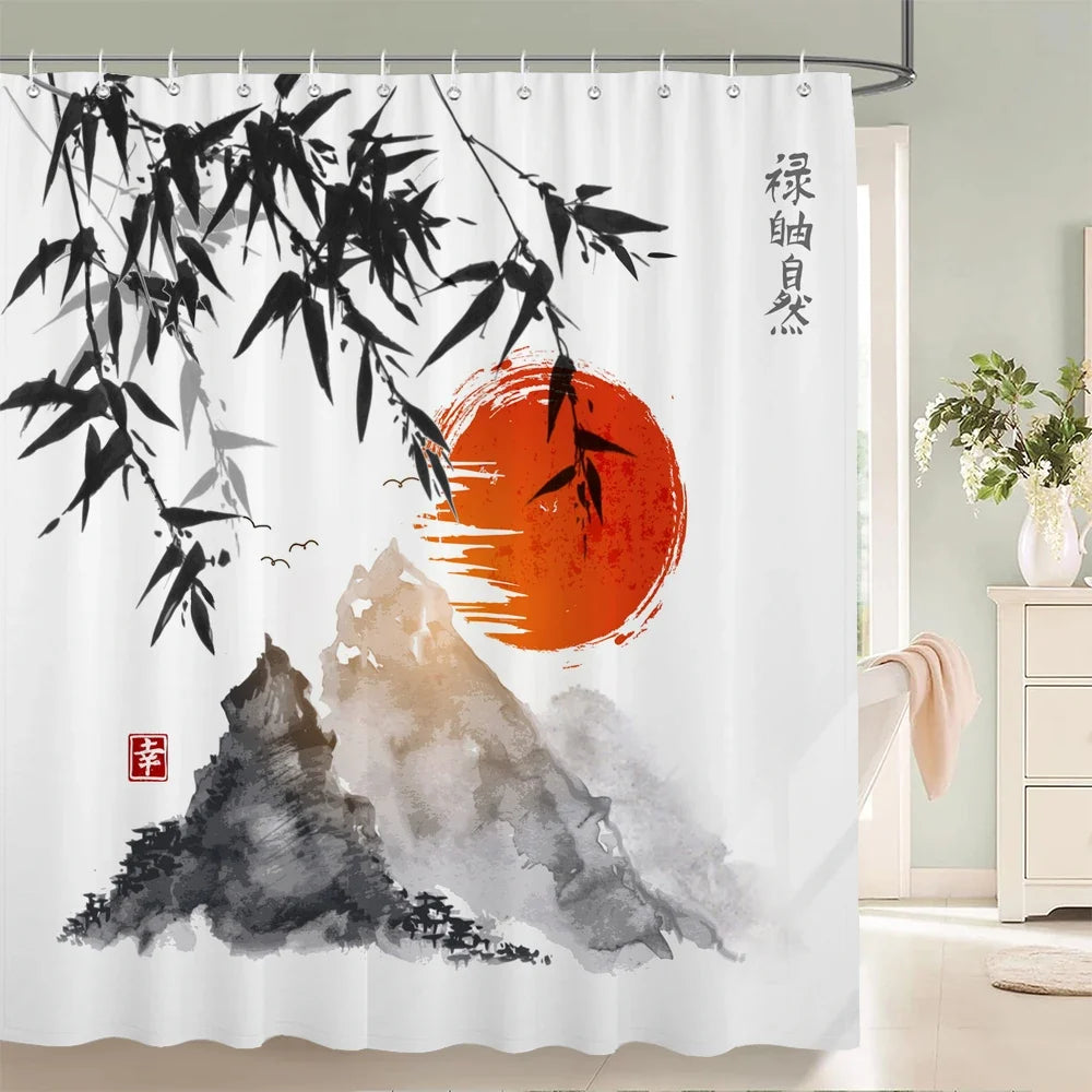 Rideau de douche bambou japonais et soleil rouge