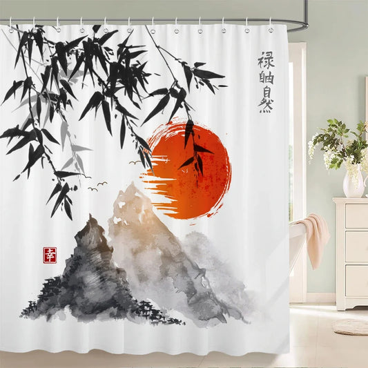 Rideau de douche bambou japonais et soleil rouge