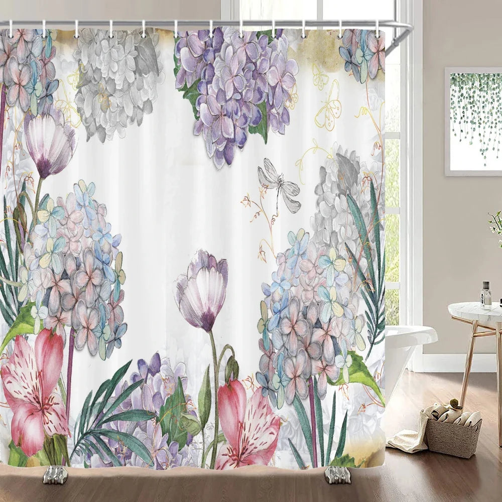 Rideau de douche fleurs et hortensias