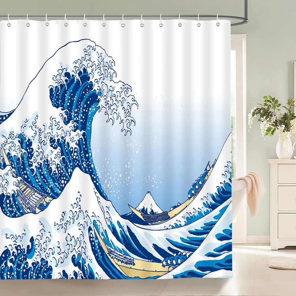 Rideau de douche vague japonaise bleue