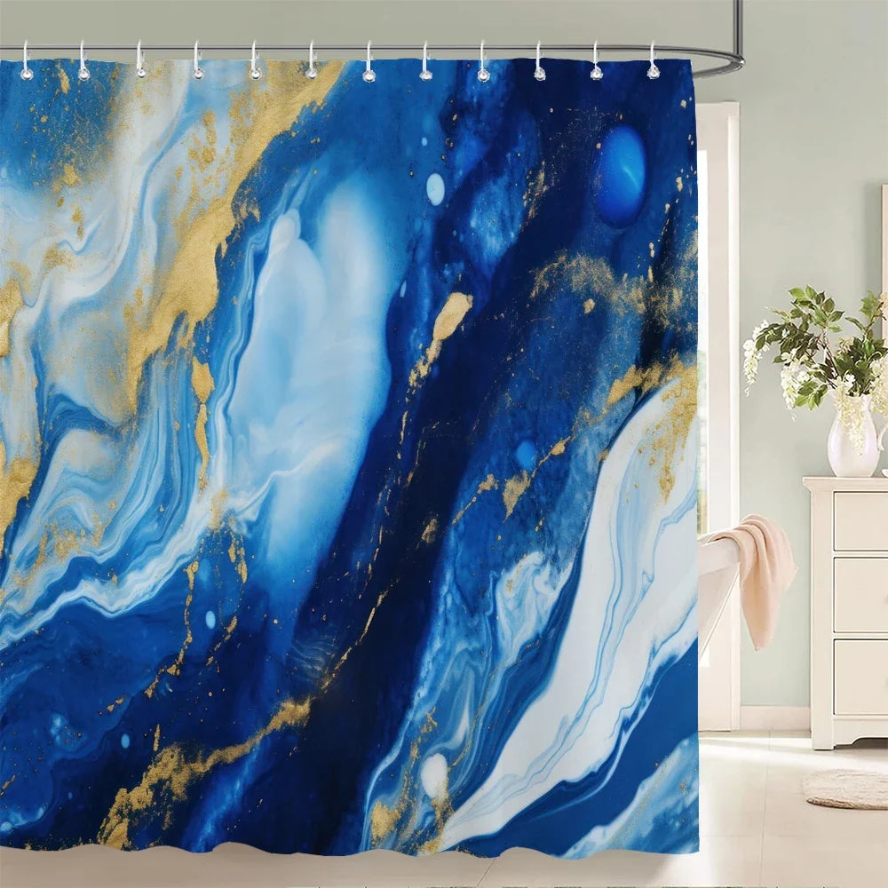 Rideau de douche peinture fluide bleu marine et or