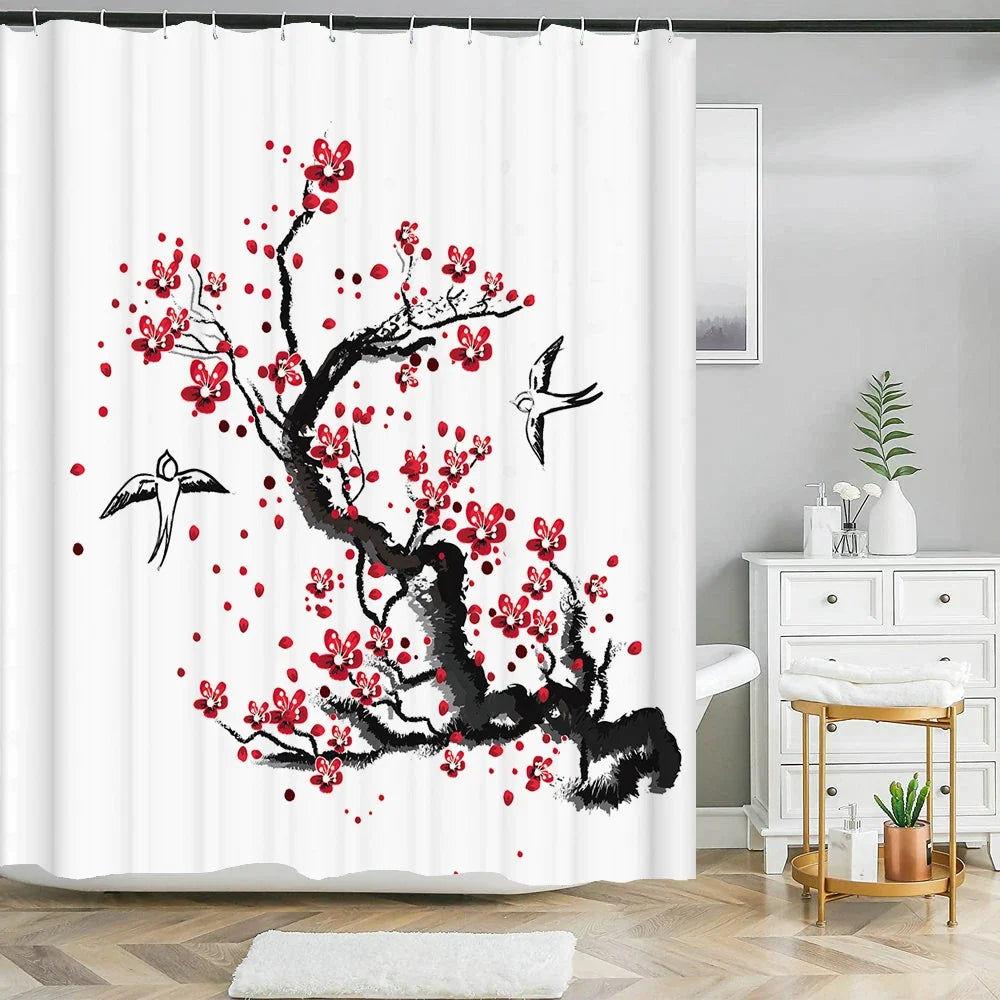 Rideau de douche cerisier japonais rouge