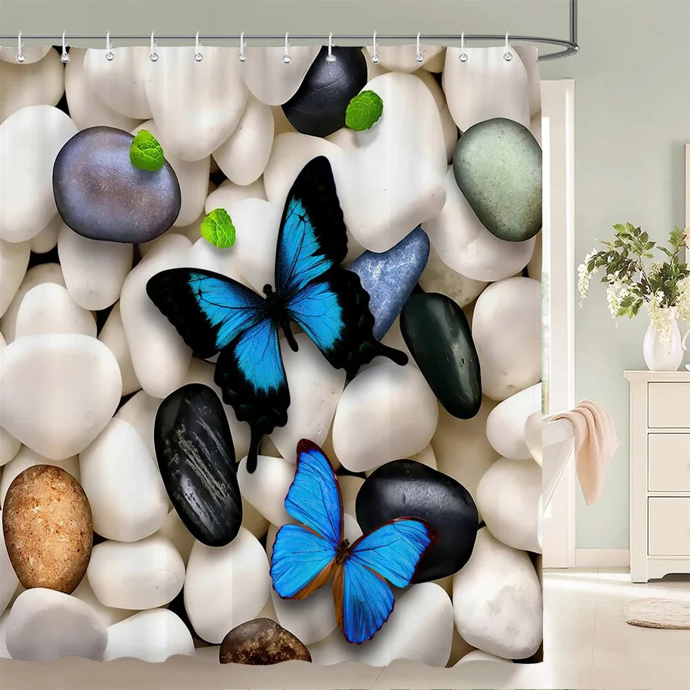Rideau de douche galets et papillons bleus