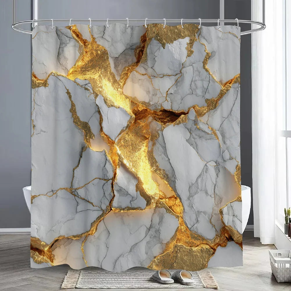 Rideau de douche marbre blanc et or intense