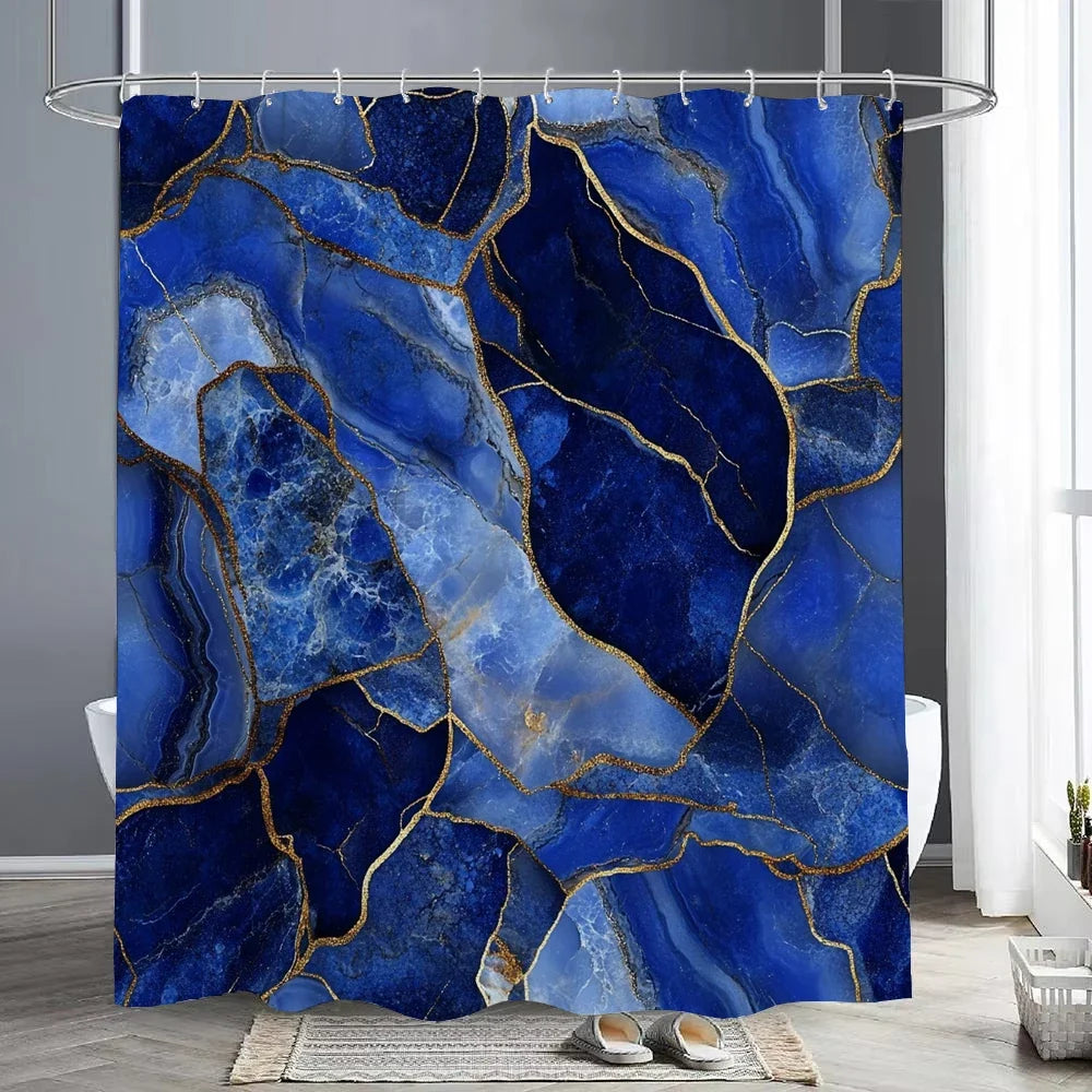 Rideau de douche marbre bleu profond et or