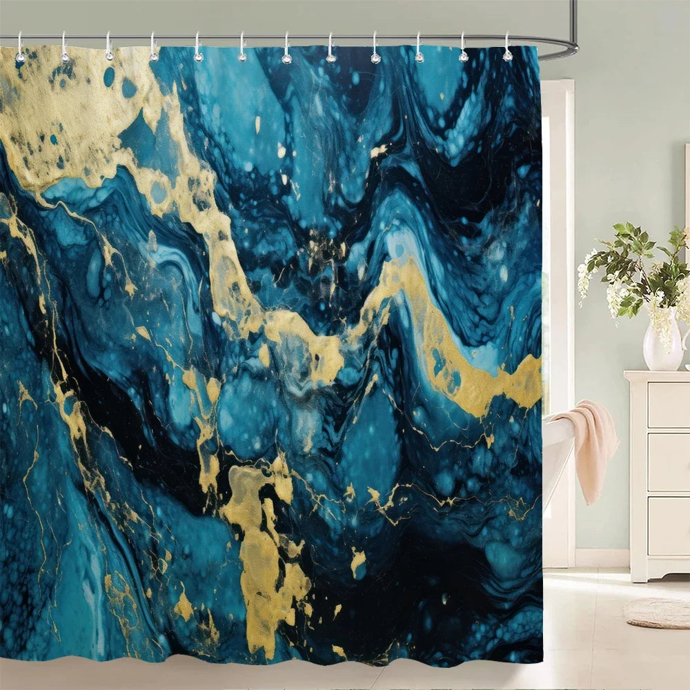 Rideau de douche marbre bleu pétrole et or