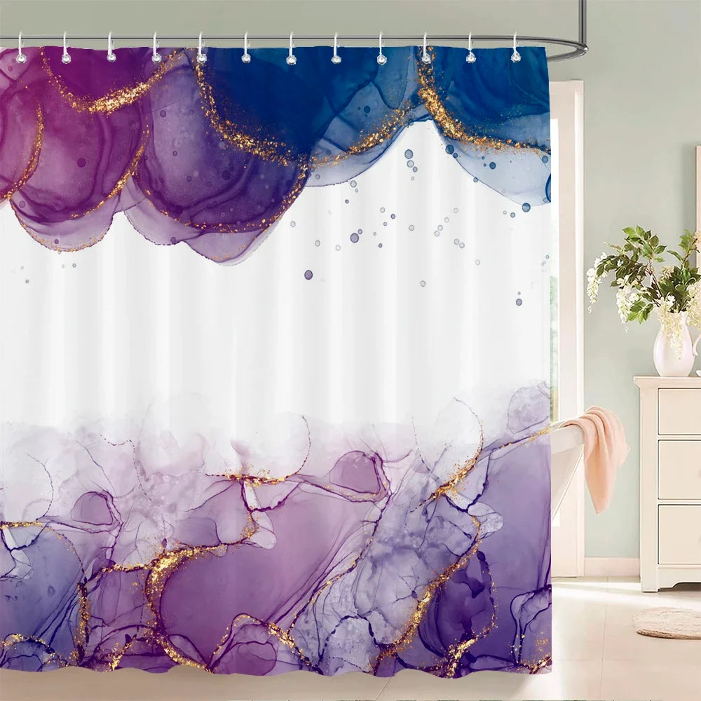 Rideau de douche peinture fluide violette et blanche
