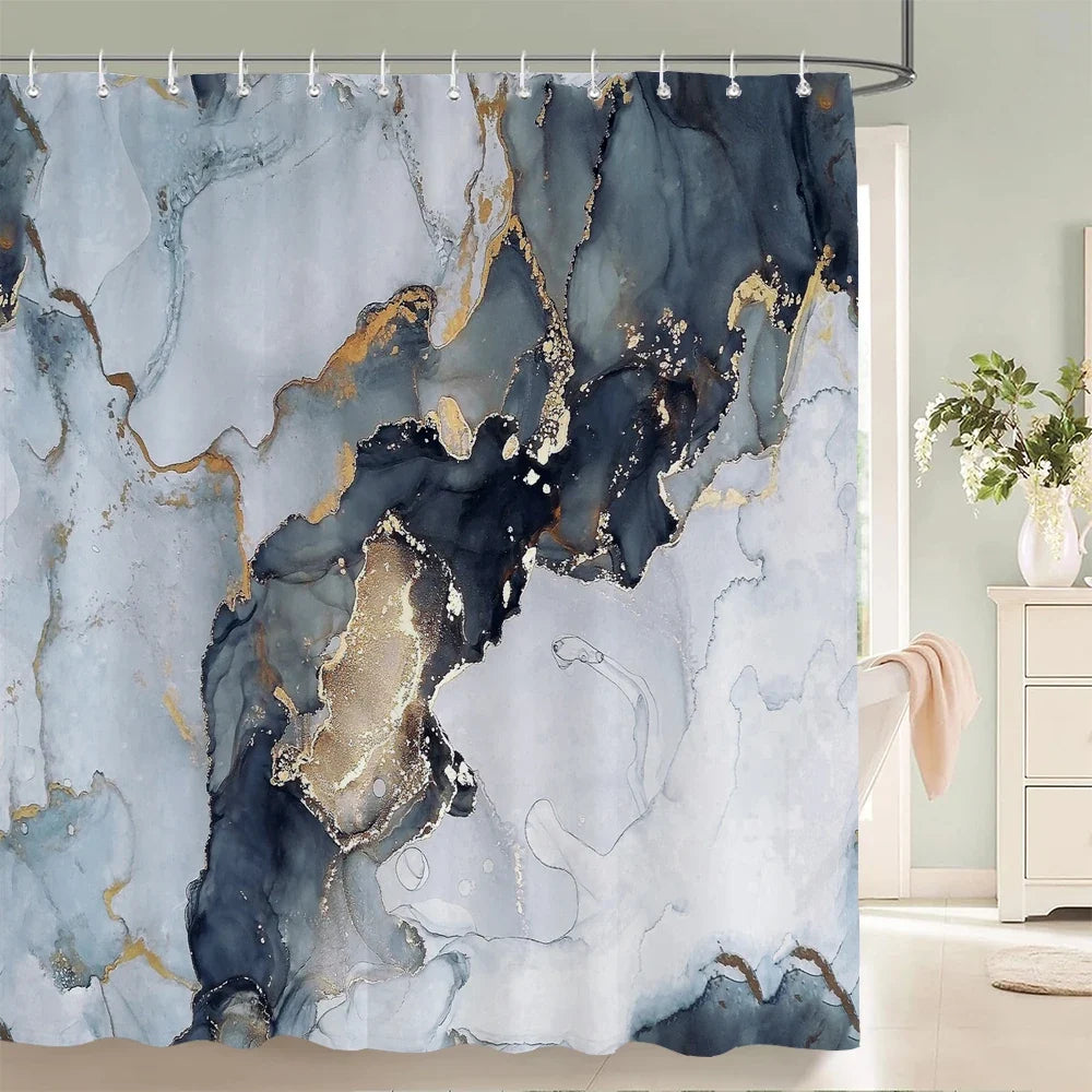 Rideau de douche peinture fluide gris bleu et or