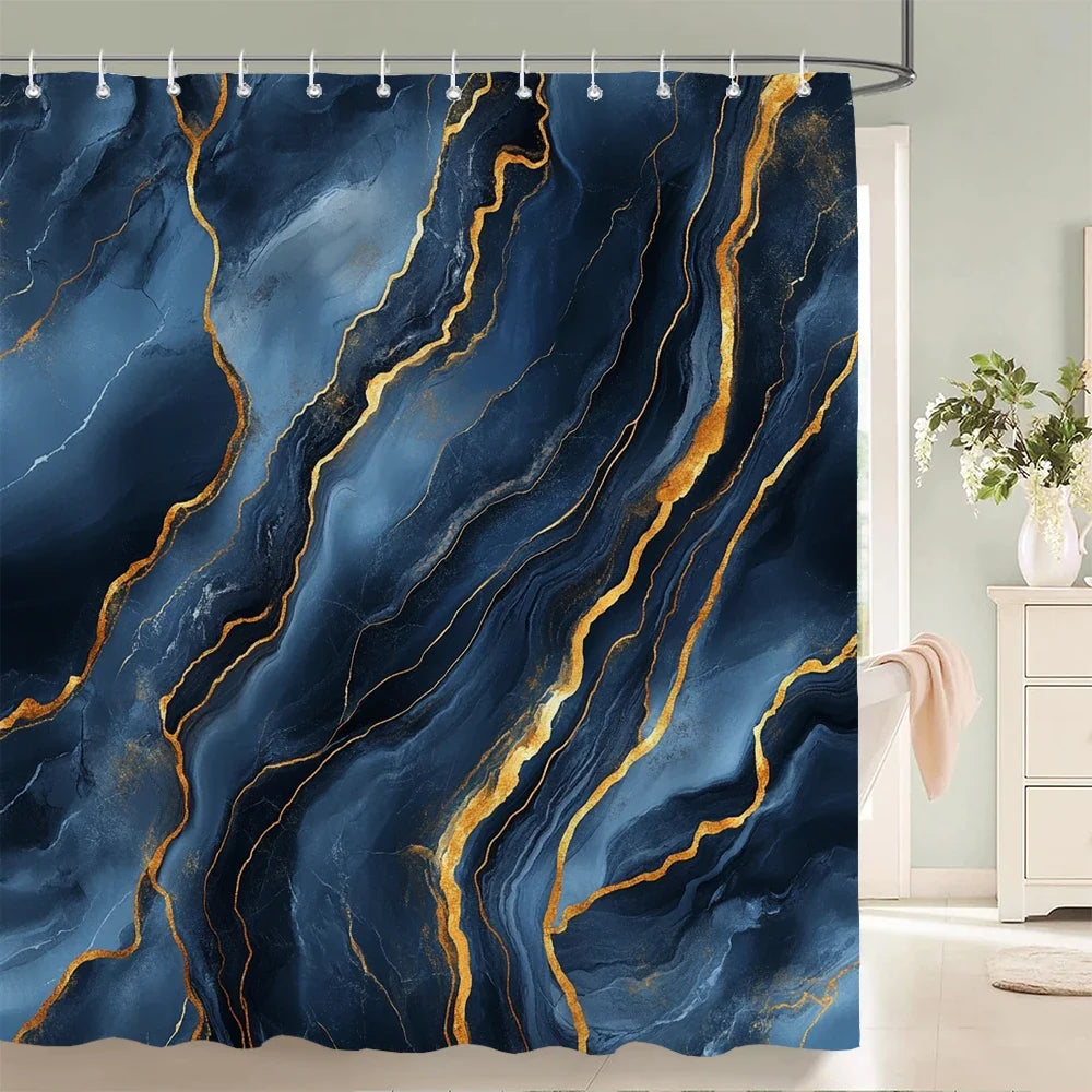 Rideau de douche marbre bleu nuit et or