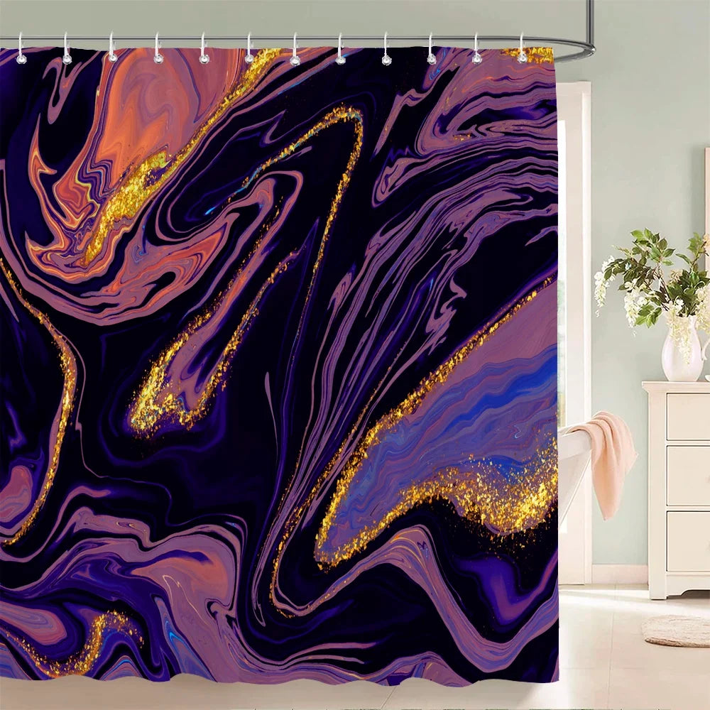 Rideau de douche peinture fluide violette noire et or