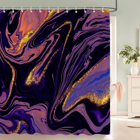 Rideau de douche peinture fluide violette noire et or