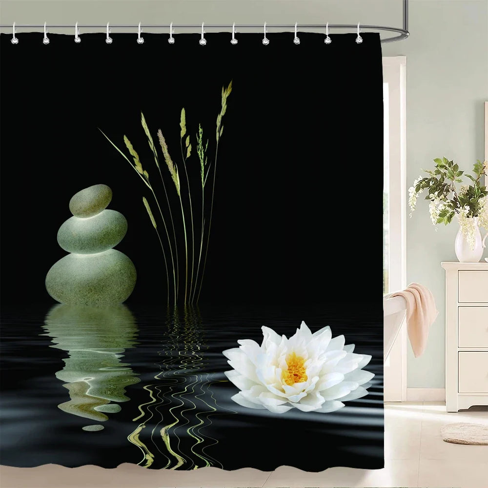 Rideau de douche galets noirs et lotus