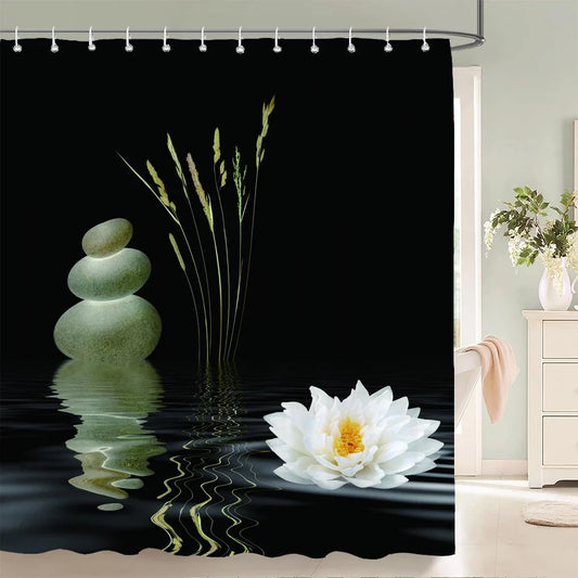 Rideau de douche galets noirs et lotus
