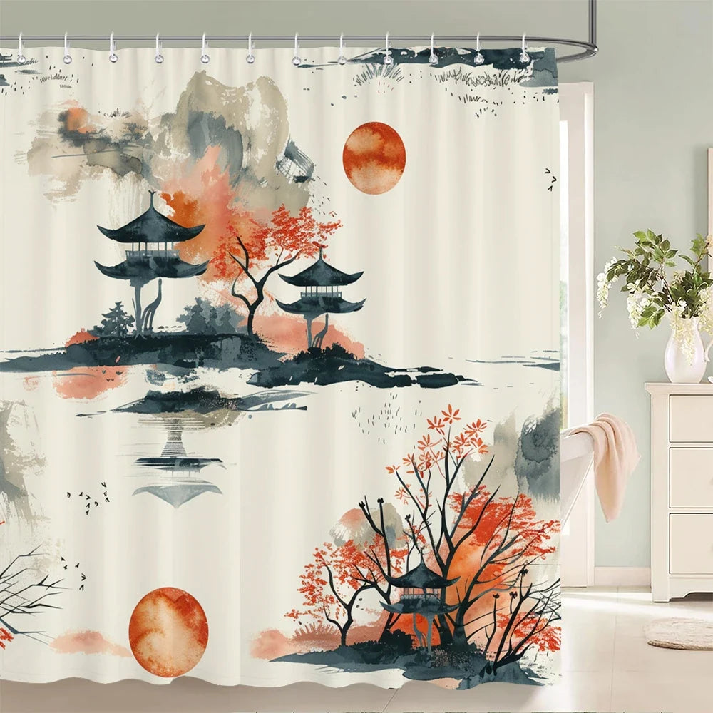 Rideau de douche paysage japonais au soleil levant