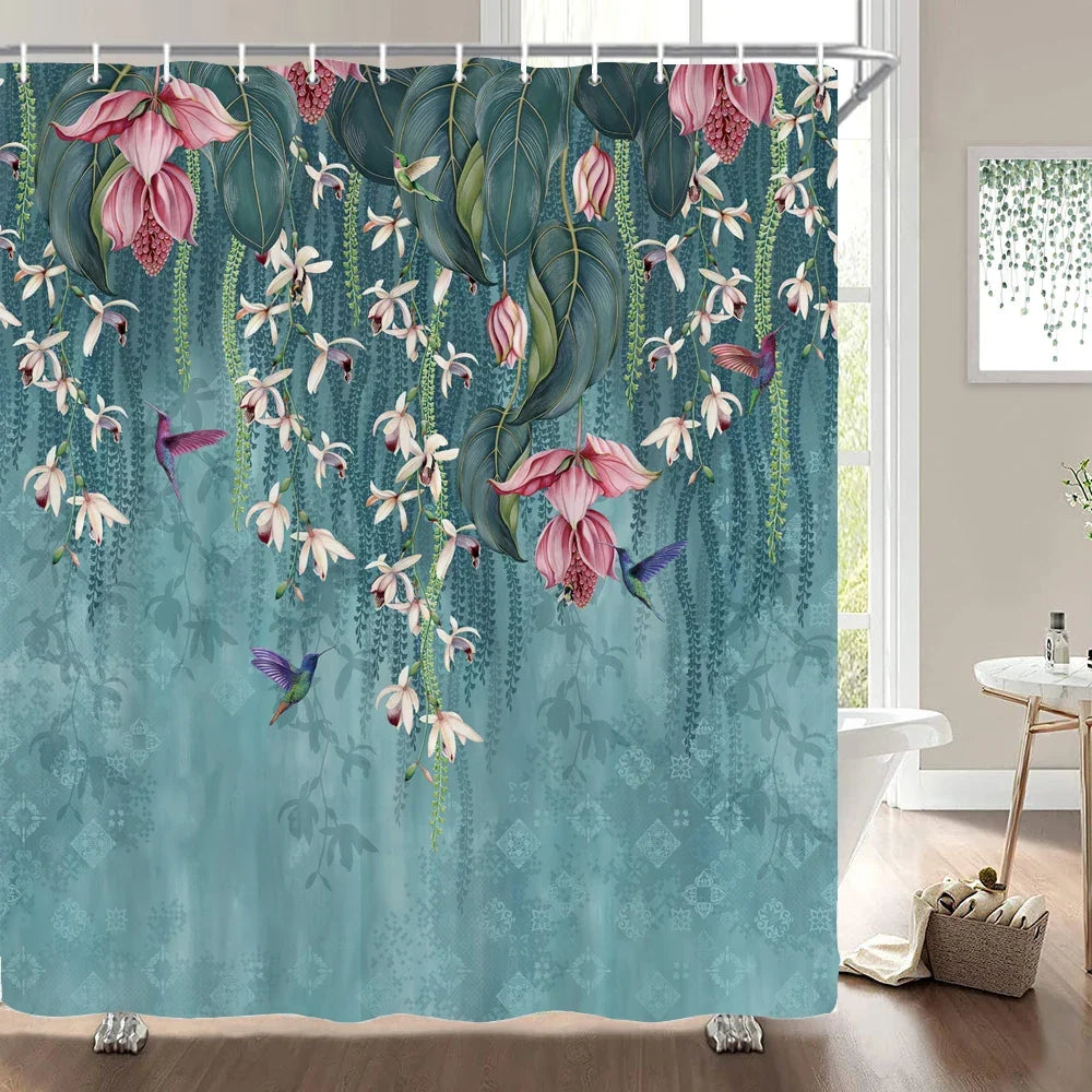 Rideau de douche flamants roses tropicaux
