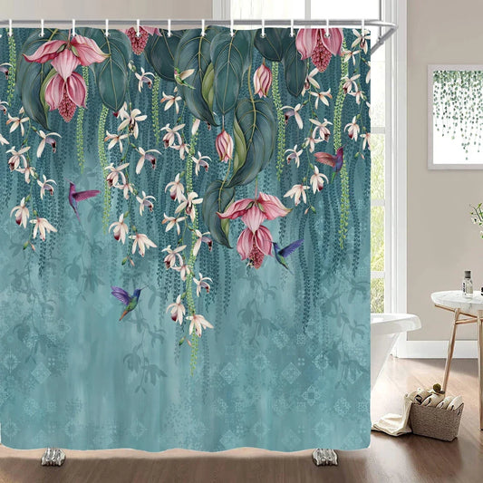 Rideau de douche flamants roses tropicaux