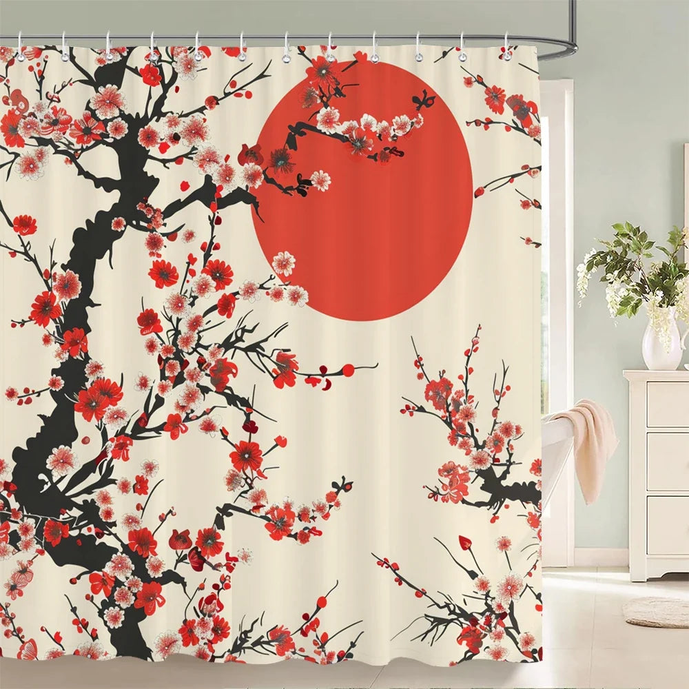 Rideau de douche cerisiers japonais et soleil rouge