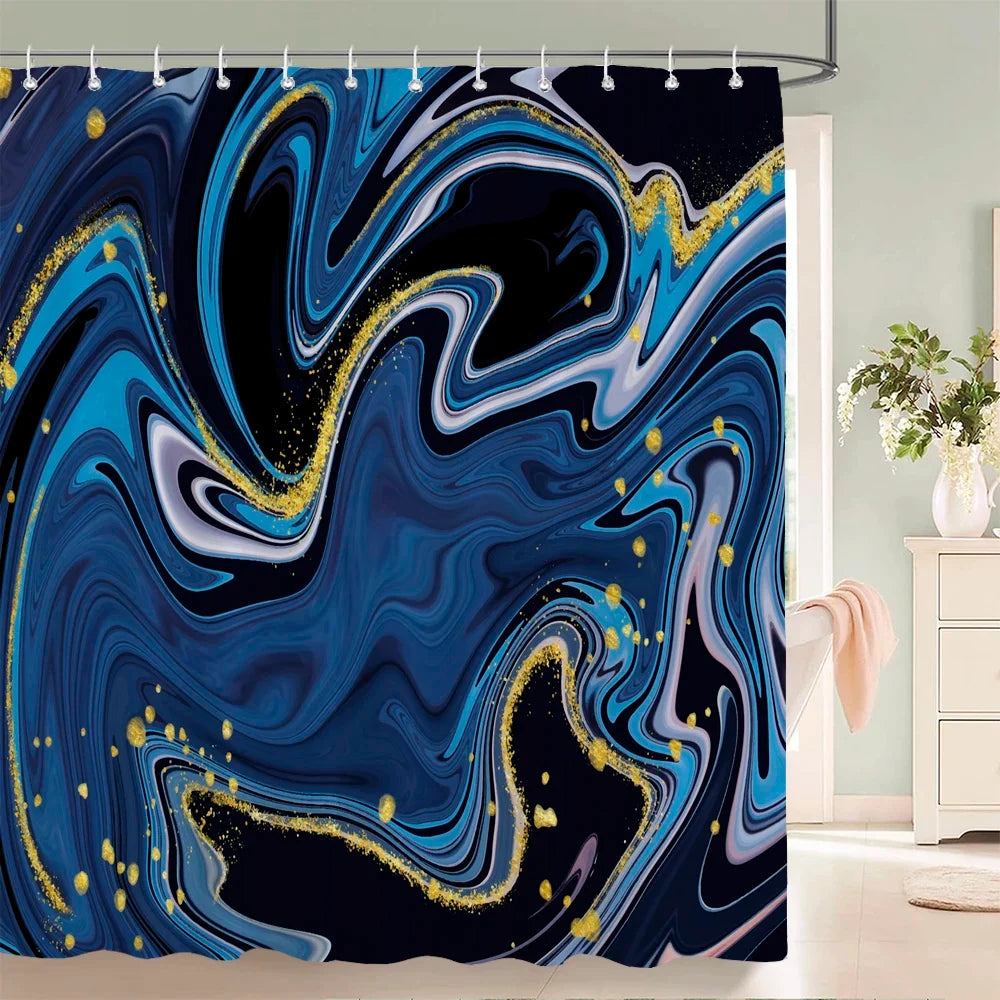 Rideau de douche peinture fluide bleue noire et or