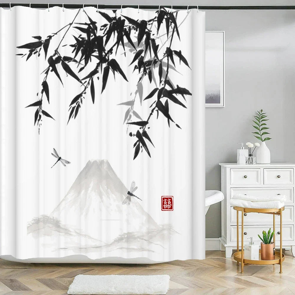 Rideau de douche bambou et mont Fuji