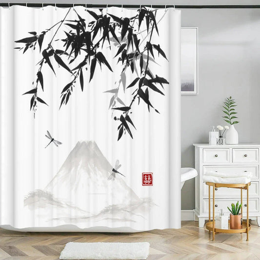 Rideau de douche bambou et mont Fuji
