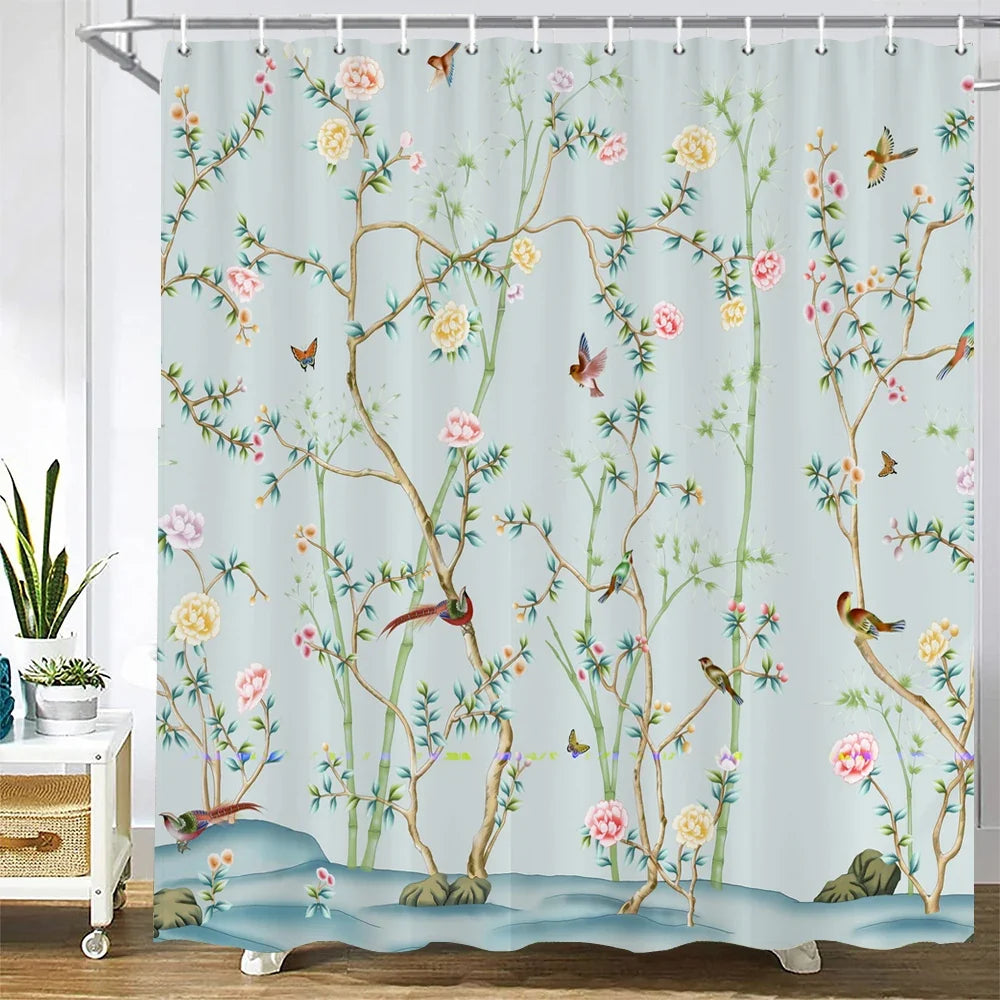 Rideau de douche fleurs et oiseaux