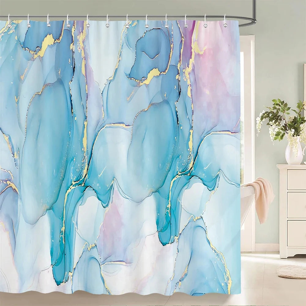 Rideau de douche peinture fluide bleu pastel