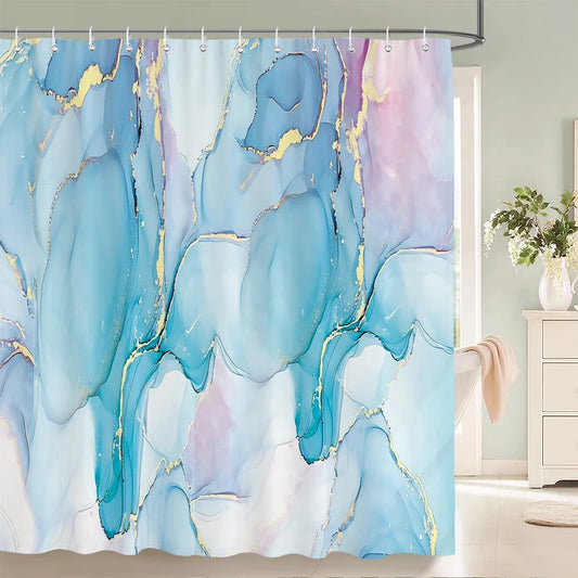 Rideau de douche peinture fluide bleu pastel