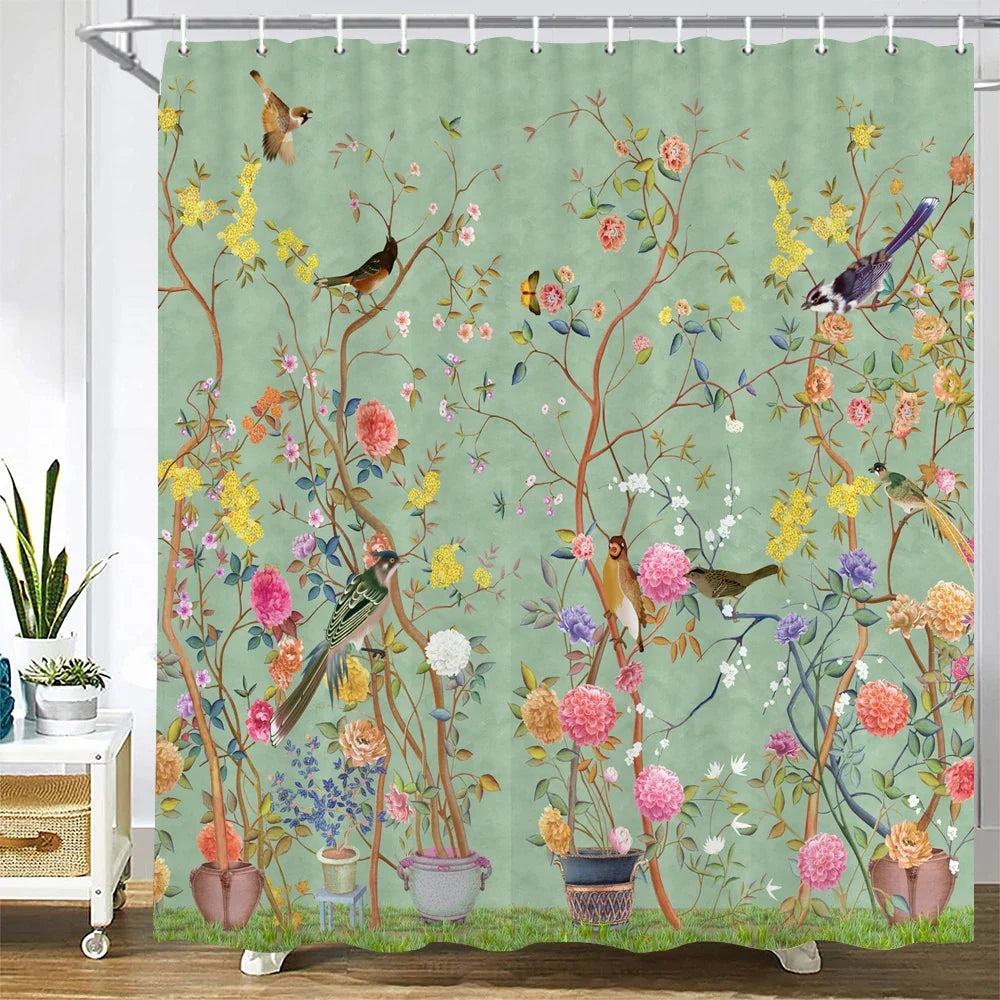 Rideau de douche jardin fleuri et oiseaux