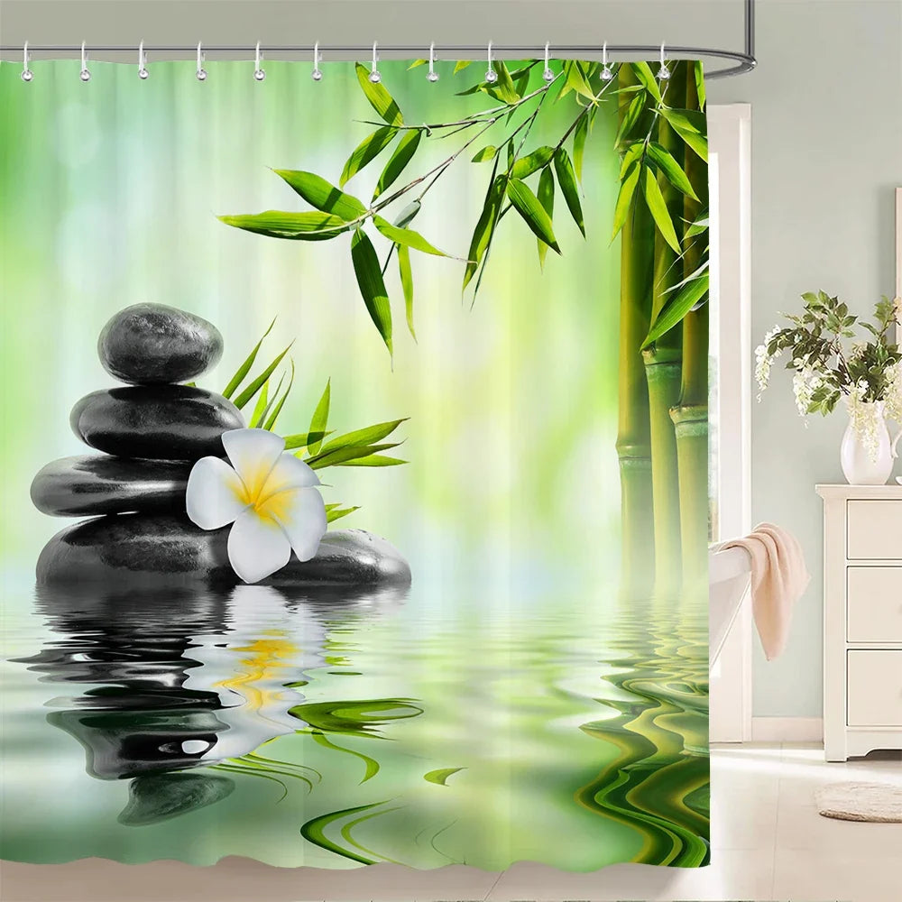 Rideau de douche galets et fleur blanche