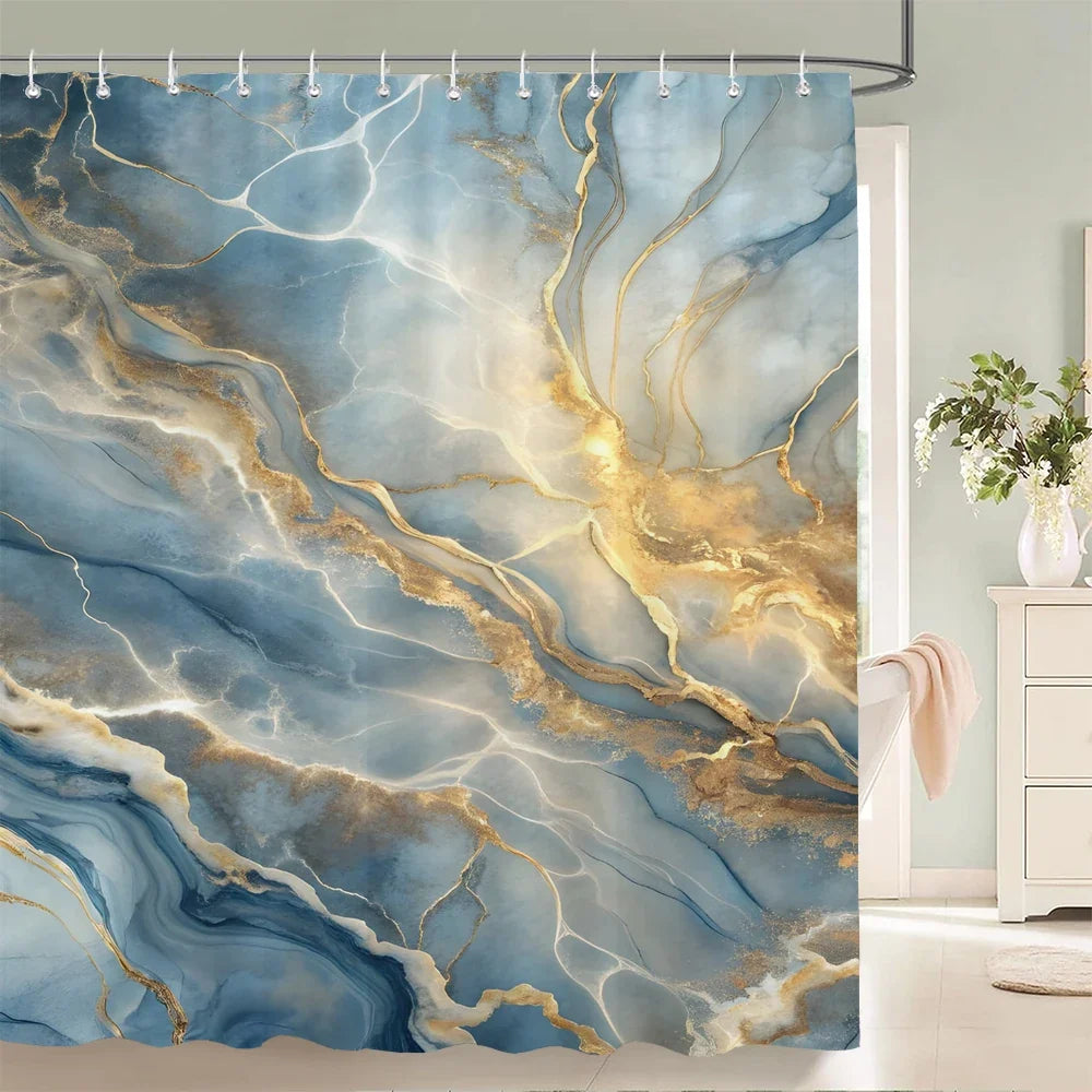 Rideau de douche marbre bleu gris et or