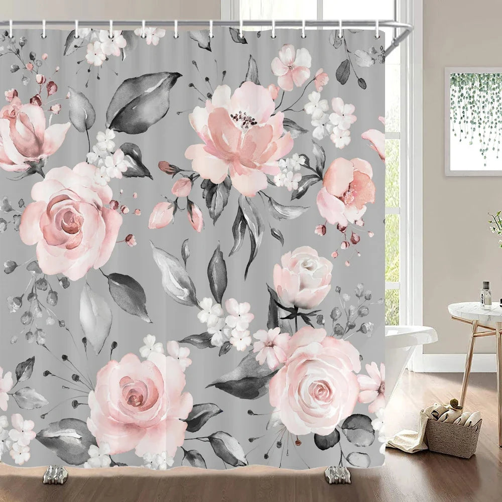 Rideau de douche roses sur fond gris