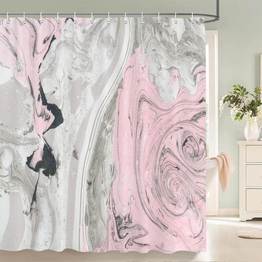 Rideau de douche peinture fluide rose et grise