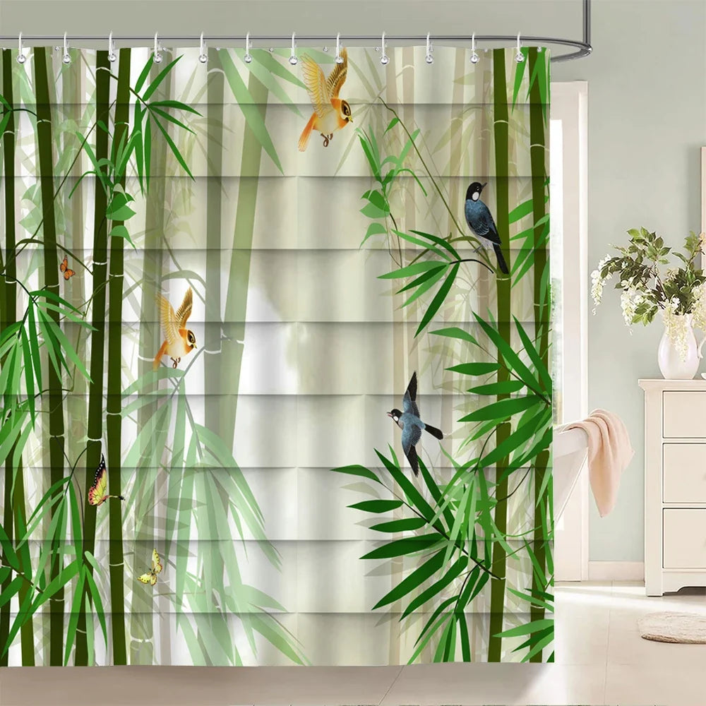 Rideau de douche bambou et oiseaux