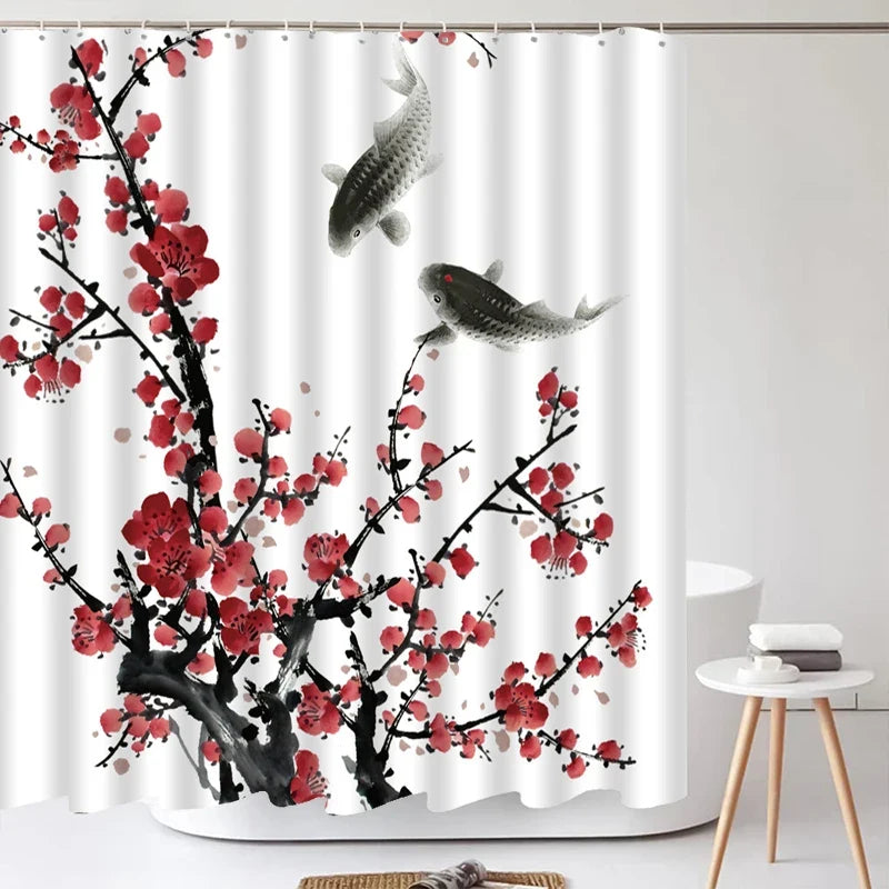Rideau de douche cerisier et oiseaux