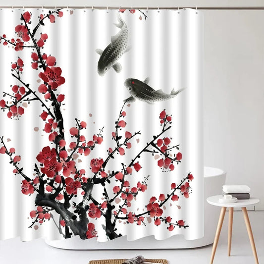 Rideau de douche cerisier et oiseaux