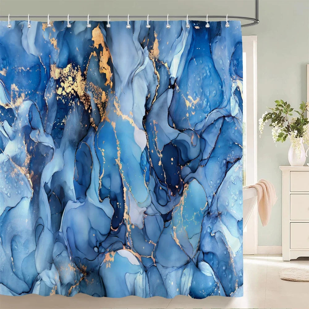Rideau de douche peinture fluide bleue et or