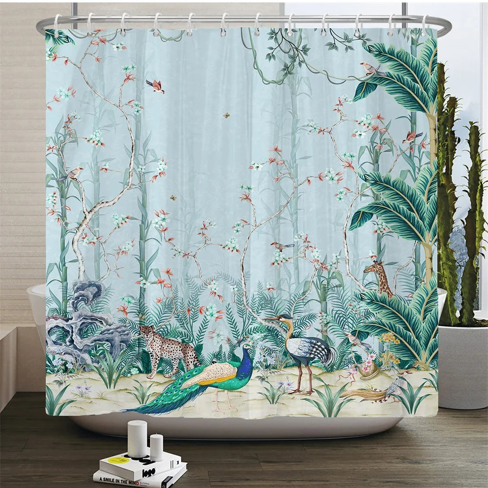 Rideau de douche jungle et flamants roses