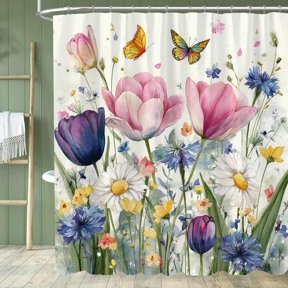 Rideau de douche tulipes et papillons