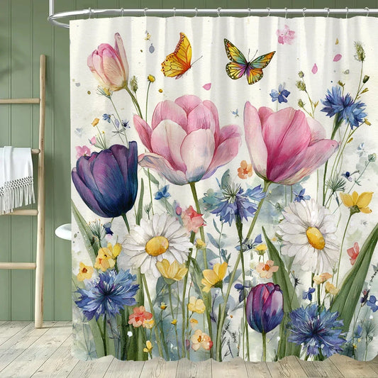 Rideau de douche tulipes et papillons