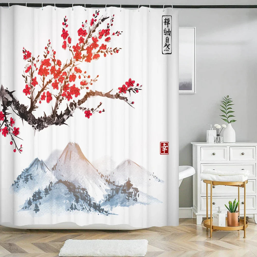 Rideau de douche cerisier rouge et montagnes