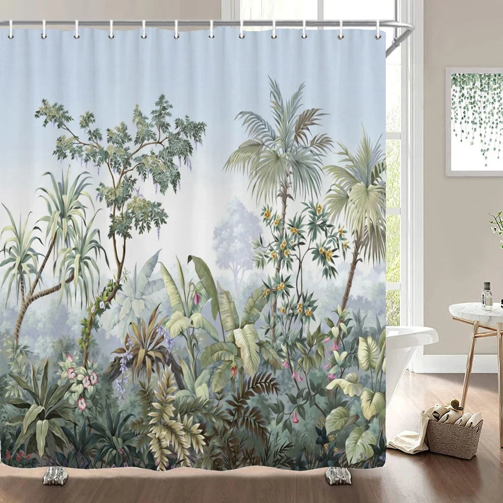 Rideau de douche palmiers dans la brume