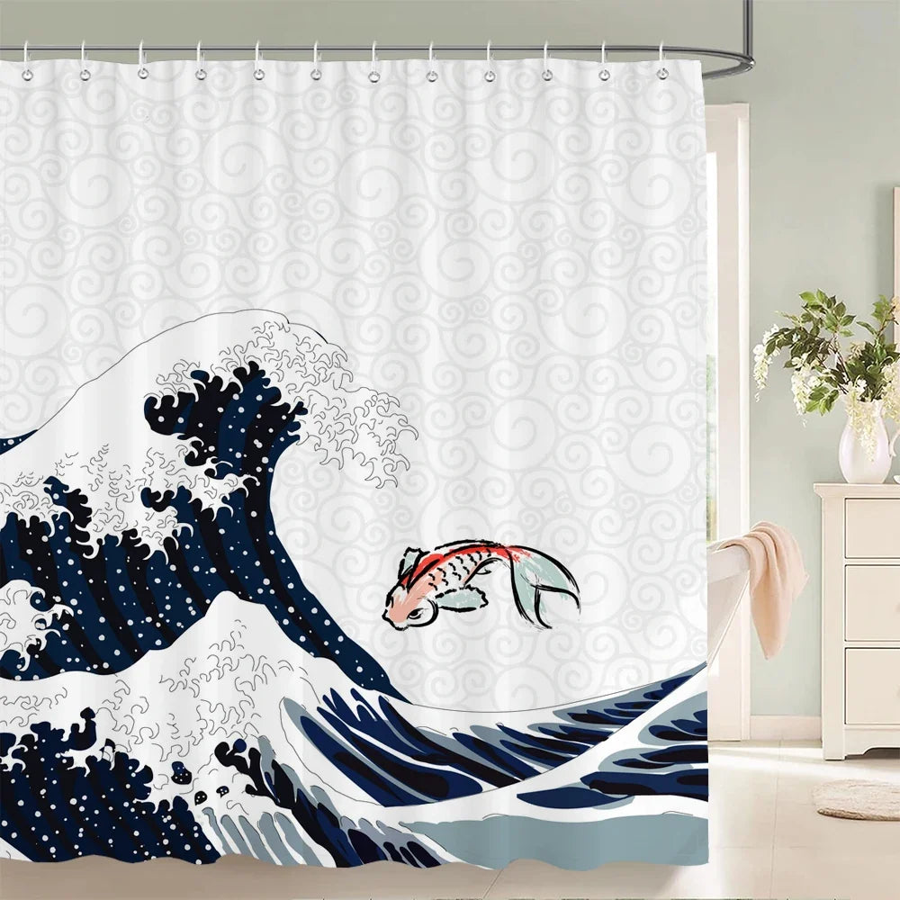Rideau de douche vague japonaise et carpe koi